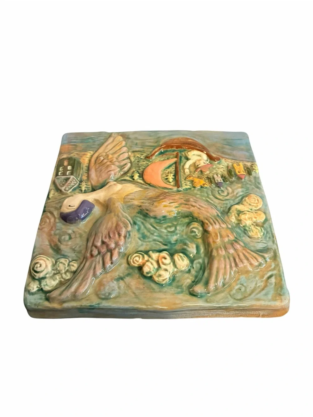 Eisenhardt Studio Pottery Winged Mermaid Relief Ceramic Wall Art Tile Signed